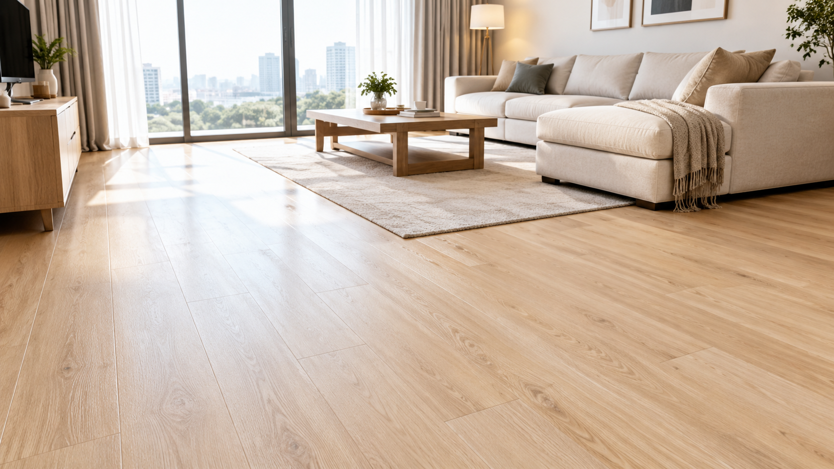 Ảnh chụp thực tế phòng khách căn hộ hiện đại sử dụng sàn nhựa PVC dán keo vân gỗ sồi sáng màu. Không gian có sofa màu kem, bàn trà gỗ tự nhiên, cửa kí