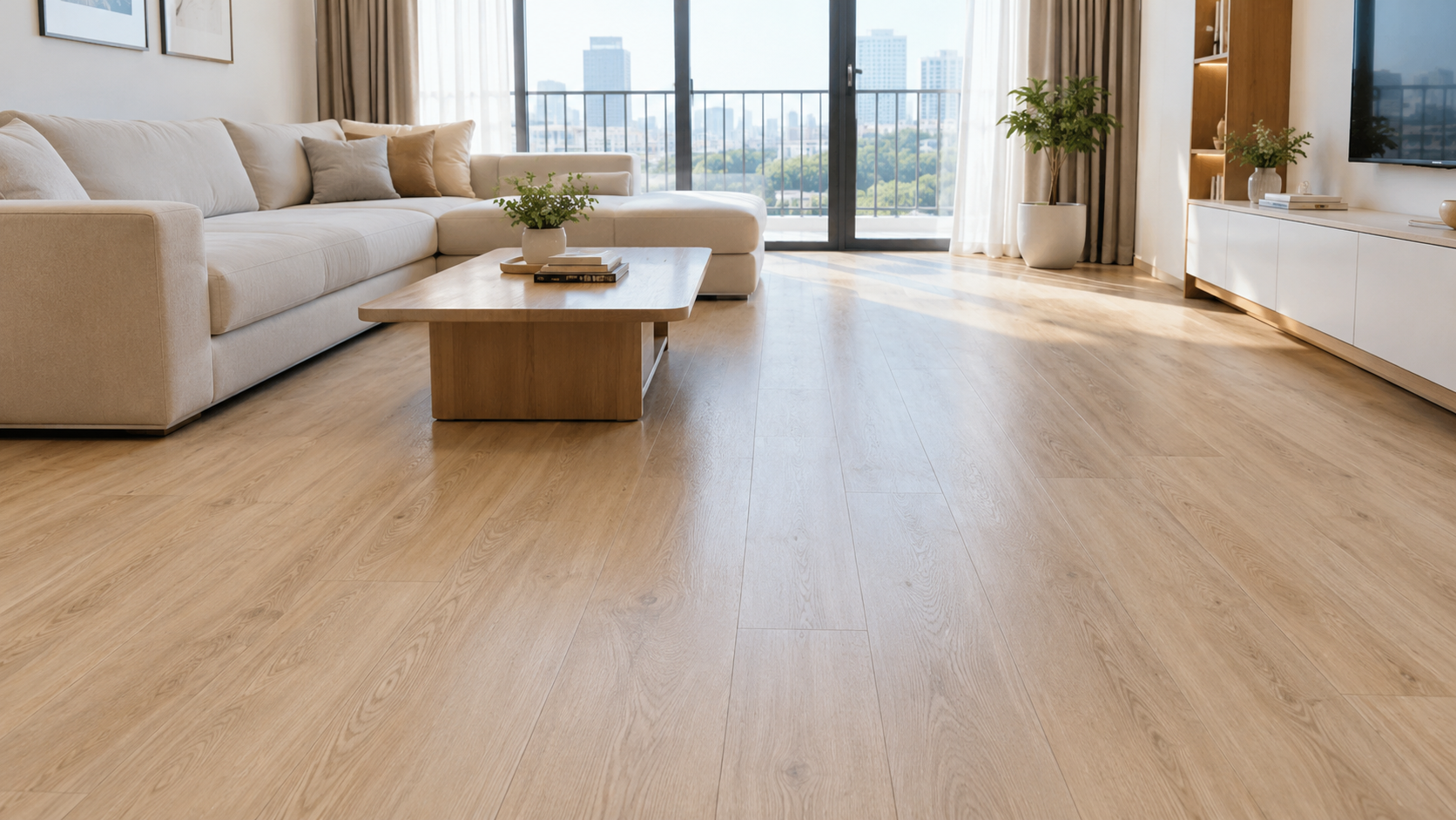 Ảnh chụp phòng khách căn hộ hiện đại đã hoàn thiện bằng sàn nhựa dán keo vân gỗ sồi sáng. Nội thất tối giản với sofa màu kem, bàn trà gỗ, ánh sáng tự 