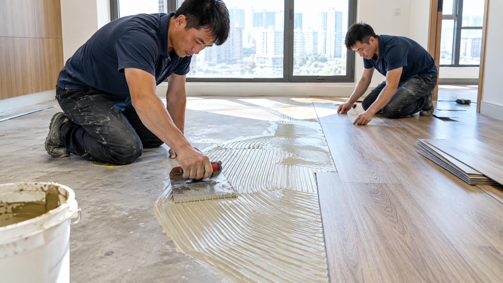 Ảnh chụp thực tế đội thợ chuyên nghiệp đang thi công sàn nhựa PVC dán keo trong căn hộ hiện đại. Một thợ sử dụng bay răng cưa trải keo lên nền đã xử l
