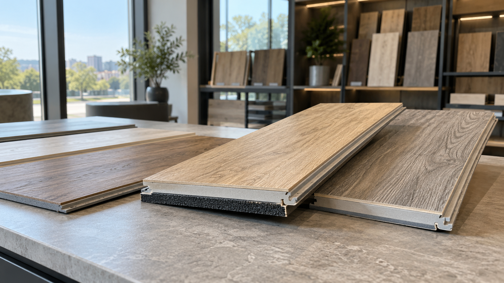 Ảnh chụp sản phẩm sàn nhựa hèm khóa SPC tại showroom vật liệu nội thất, nhiều thanh sàn vân gỗ màu sồi sáng, nâu tự nhiên và xám được đặt trên bàn trư