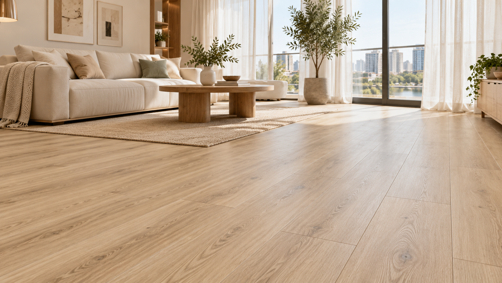 Ảnh chụp phòng khách căn hộ hiện đại đã hoàn thiện sàn nhựa hèm khóa SPC vân sồi sáng, bề mặt sàn chiếm phần lớn tiền cảnh để thể hiện đường vân gỗ tự