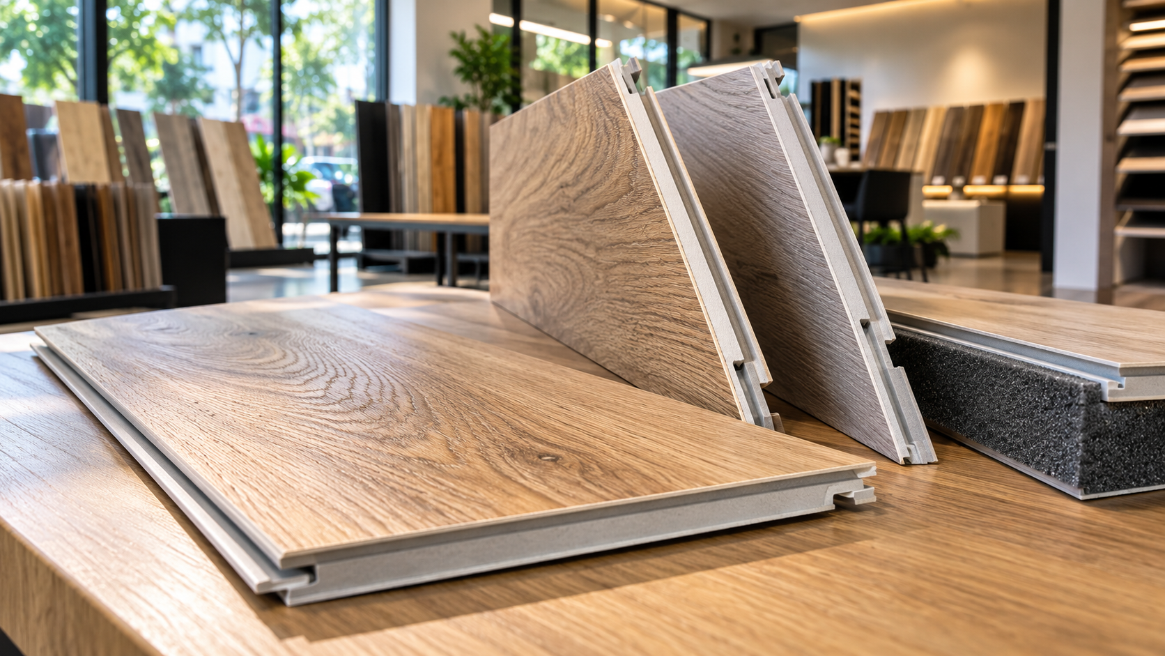 Ảnh chụp thực tế các thanh sàn nhựa hèm khóa SPC được trưng bày trên bàn mẫu tại showroom vật liệu nội thất hiện đại. Một thanh đặt nằm ngang thể hiện