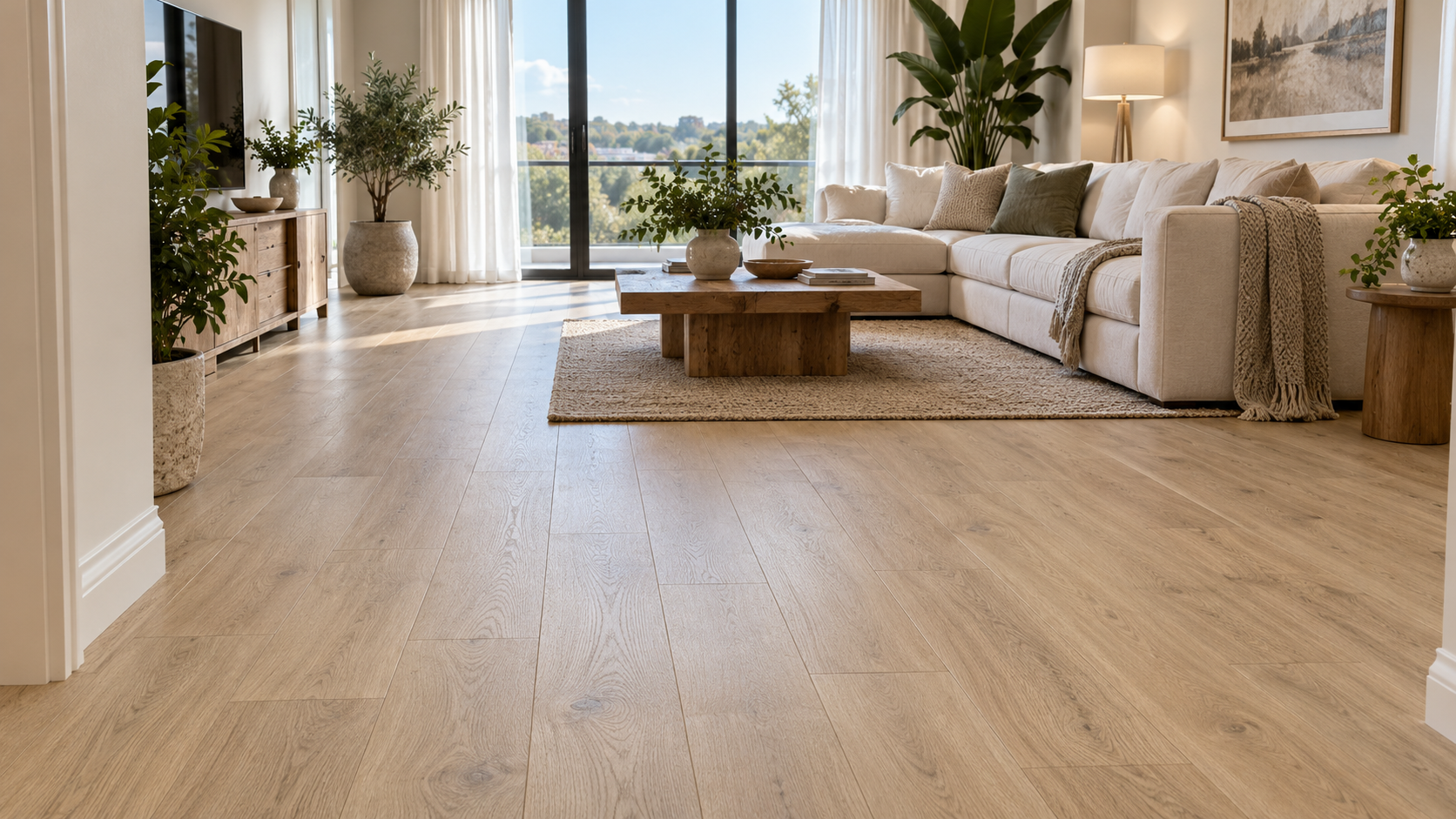 Ảnh chụp thực tế phòng khách căn hộ hiện đại đã hoàn thiện bằng sàn nhựa hèm khóa SPC màu sồi sáng tự nhiên. Không gian có sofa kem, bàn trà gỗ, rèm l