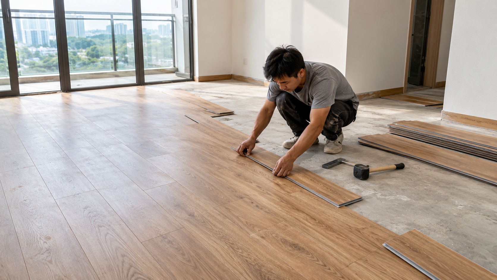Ảnh chụp thực tế quá trình thi công sàn nhựa hèm khóa SPC trong căn hộ hiện đại. Một nửa diện tích phòng đã được lát hoàn thiện bằng thanh sàn vân gỗ 